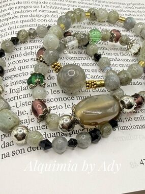 Silver Bracelet  stack labradorite rutile quartz set